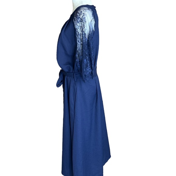 Bloomchic Dress Solid Keyhole‎ Round Neck Pocket Lace Sleeves Navy - Picture 4 of 13